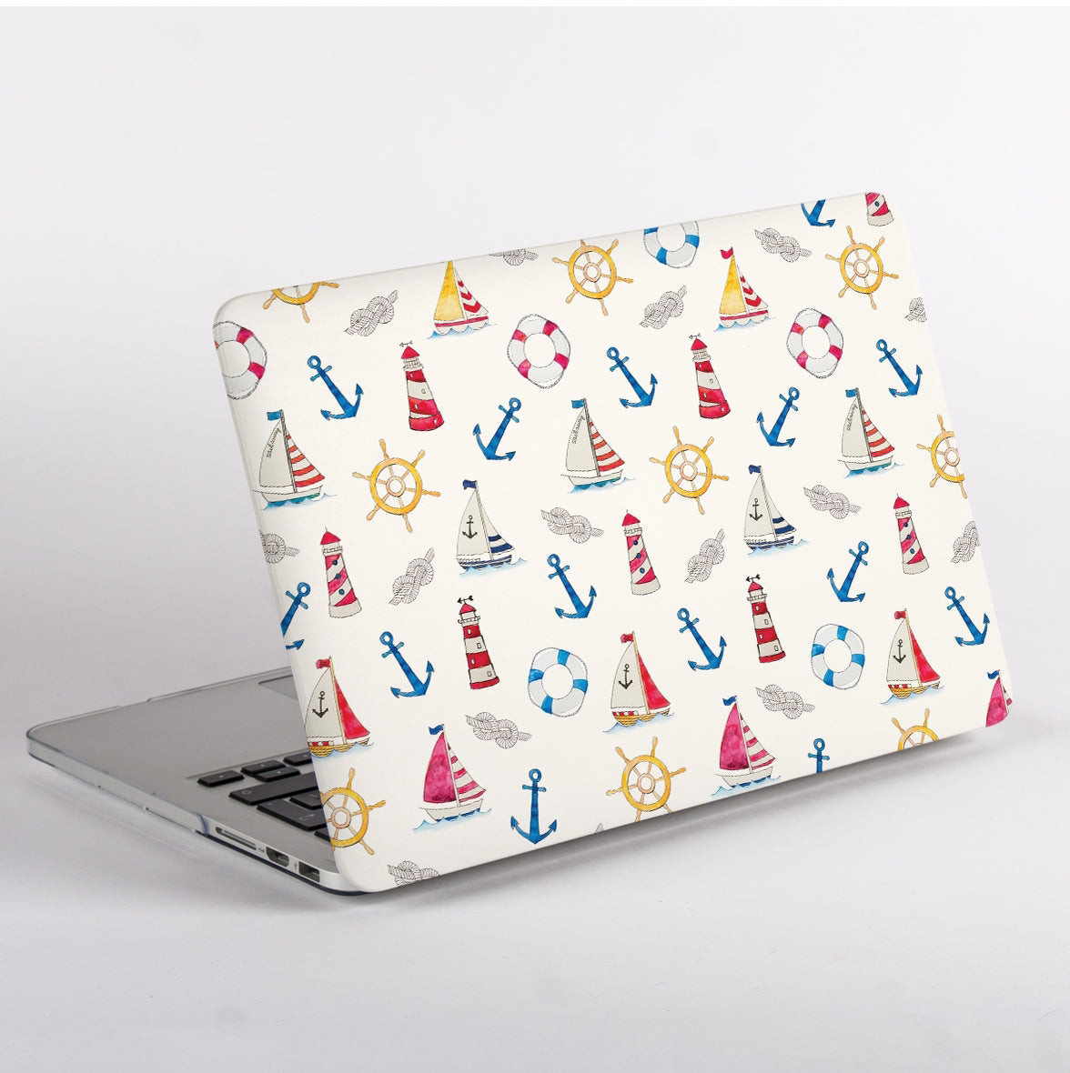 Side View of MacBook Case with a nautical pattern on MacBook on a white background