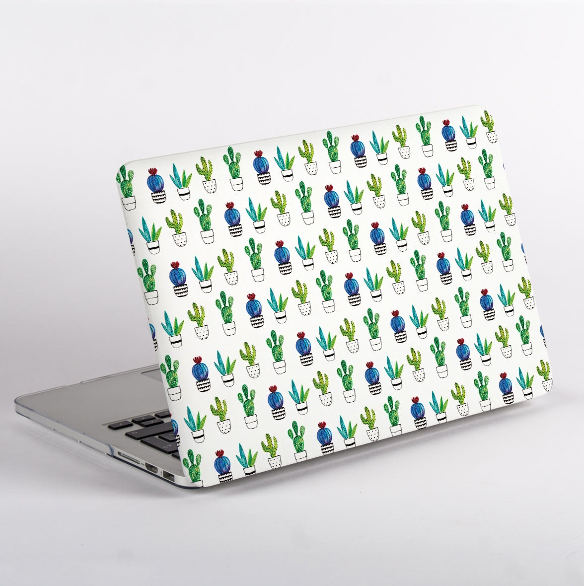 Side view of MacBook case with cactus pattern