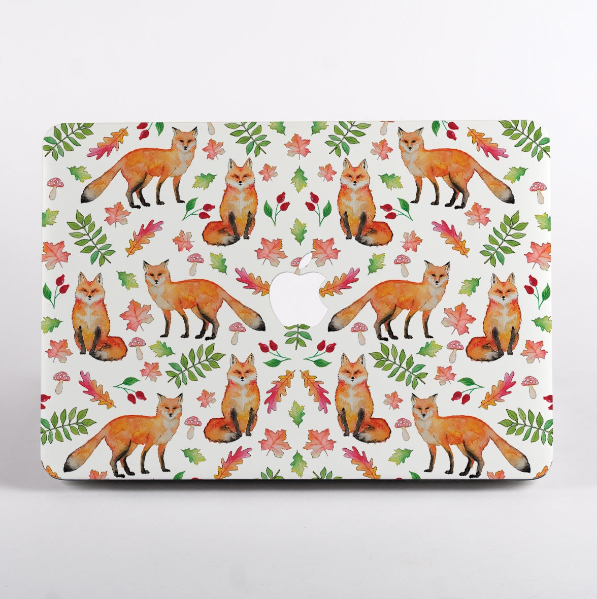 MacBook Case with fox and leaf pattern on a white background