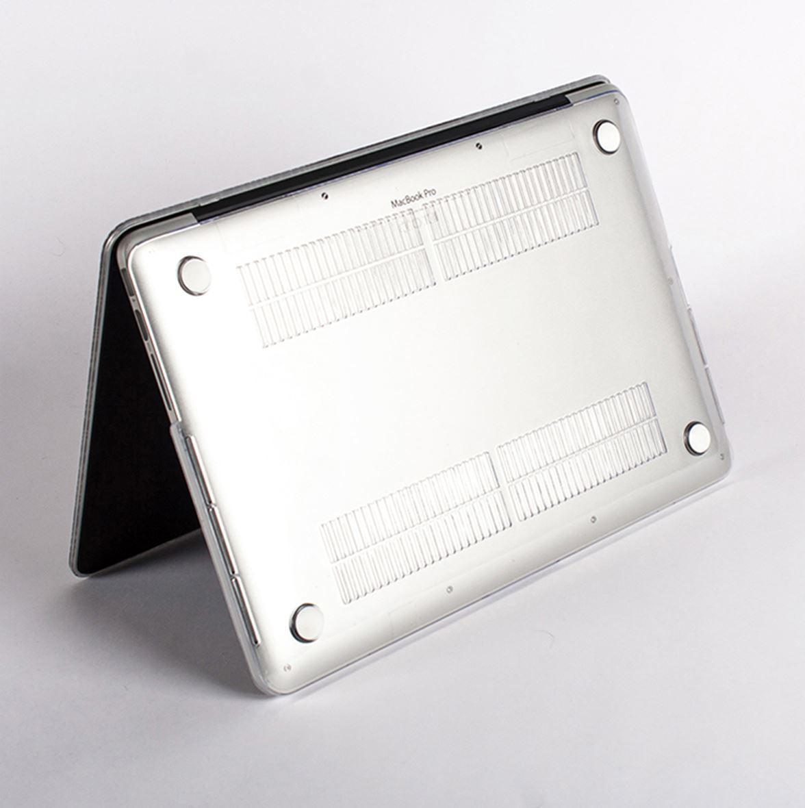 Back view of a MacBook Pro with a clear case