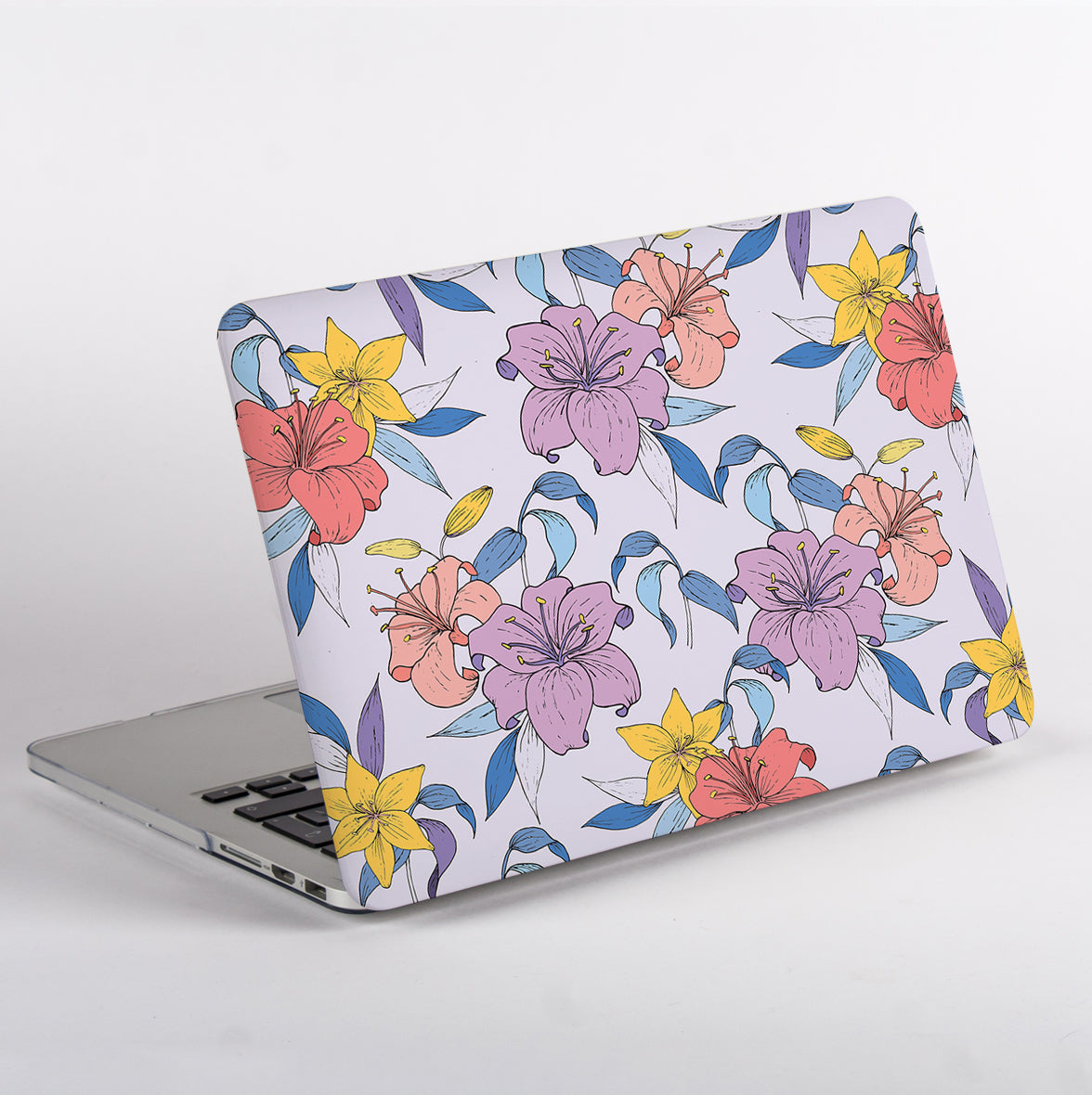 MacBook with Purple Floral Case and no apple logo