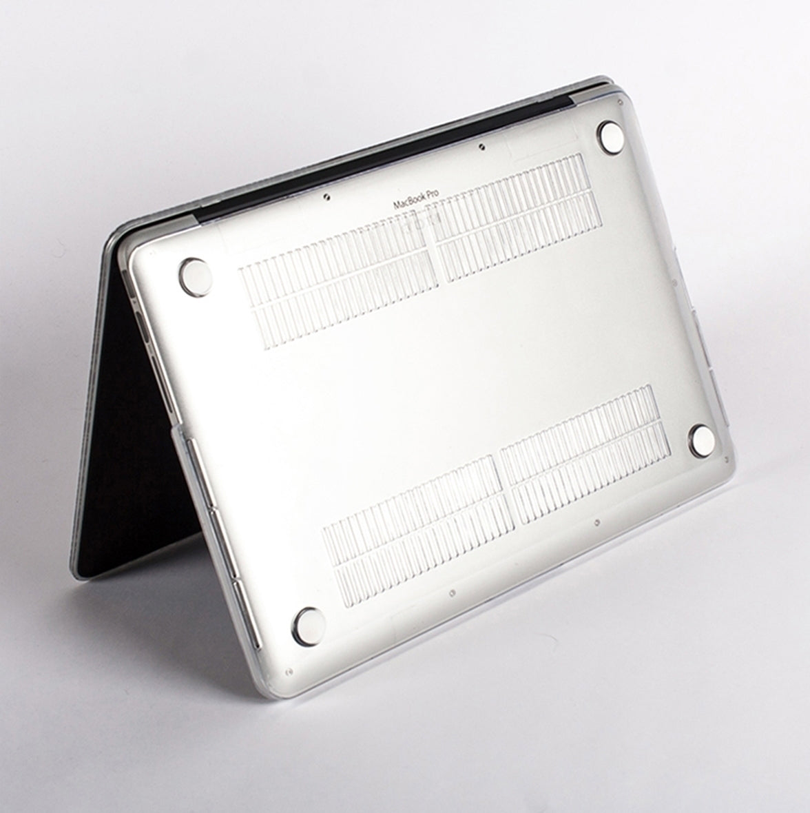 Back view of a MacBook Pro with a clear case