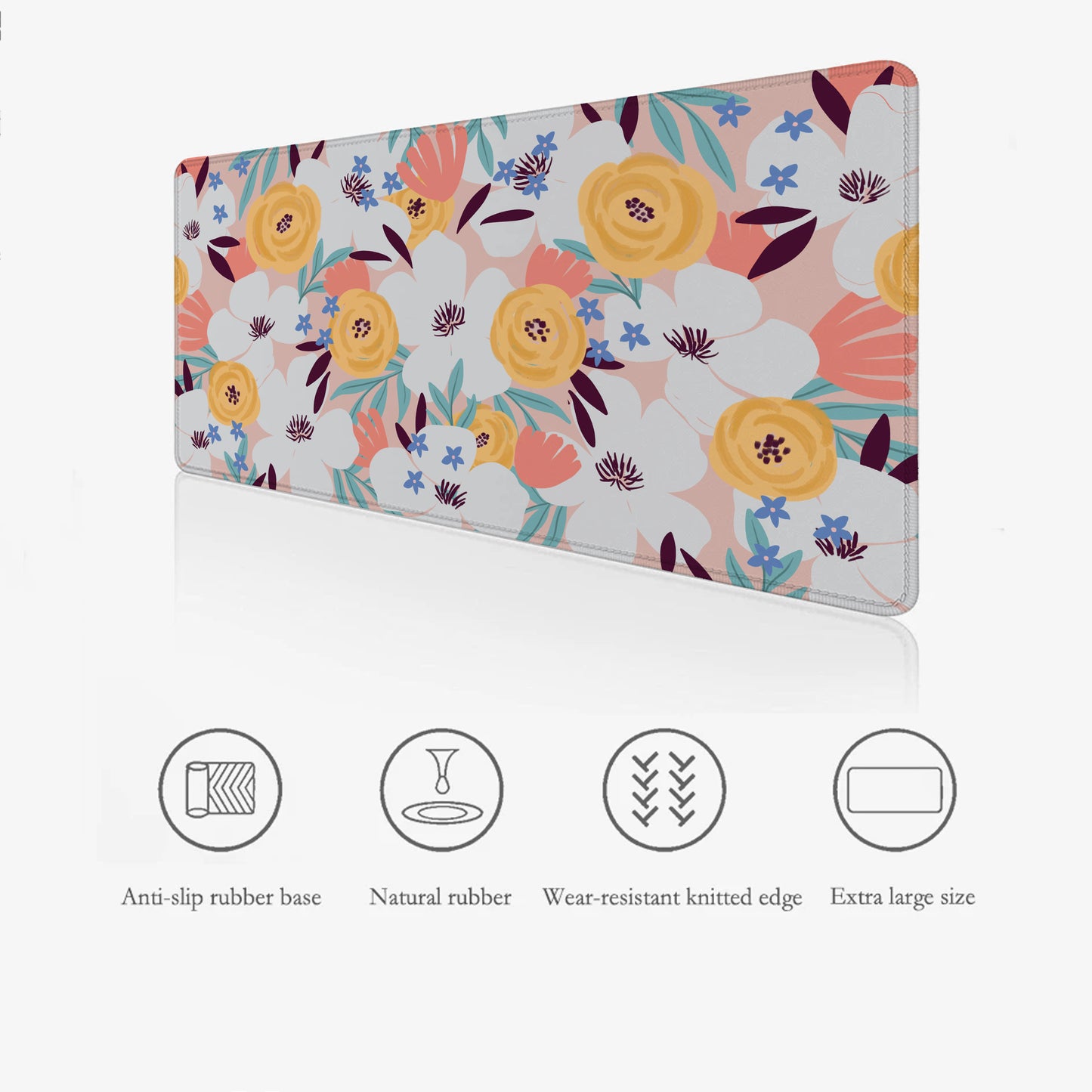 Floral patterned desk mat with product features listed below on a white background