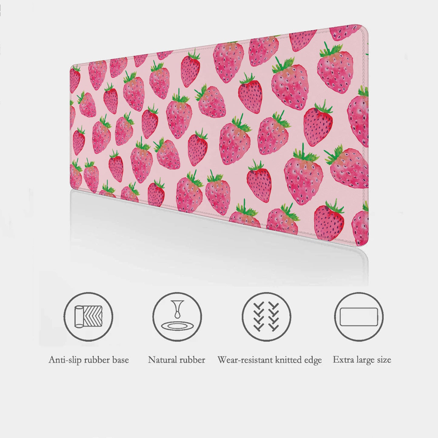 Strawberry patterned desk mat with anti-slip rubber base and other features on a white background