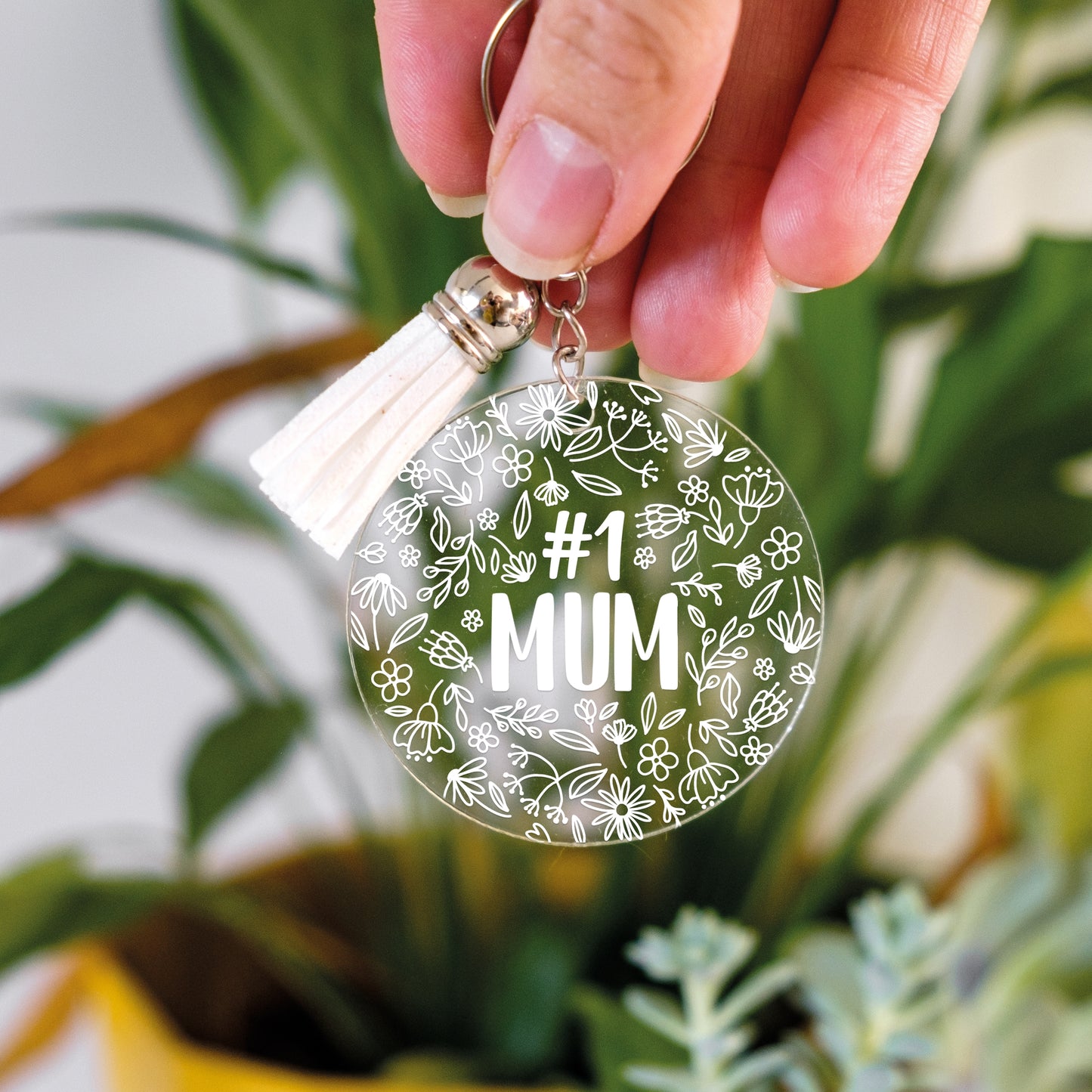 Clear Acrylic keyring with white floral design and Number 1 Mum text, perfect little gift for mum