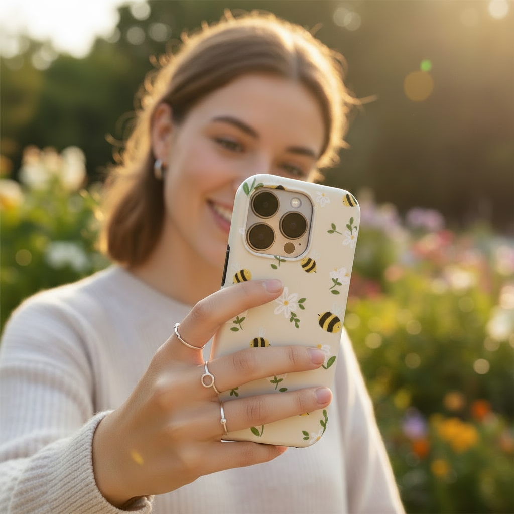 Woman holding a iPhone 16 with a cute bees and floral phone case in a garden setting