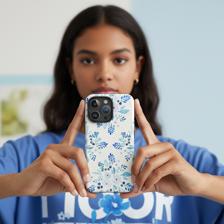 woman holding a phone with the Blue Florals phone case against a blurred background