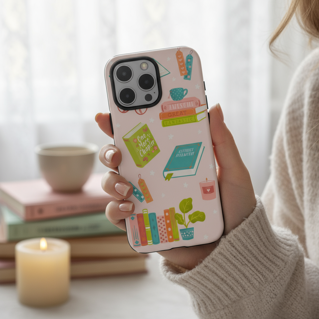 Woman holding a phone with a cute book-themed phone case
