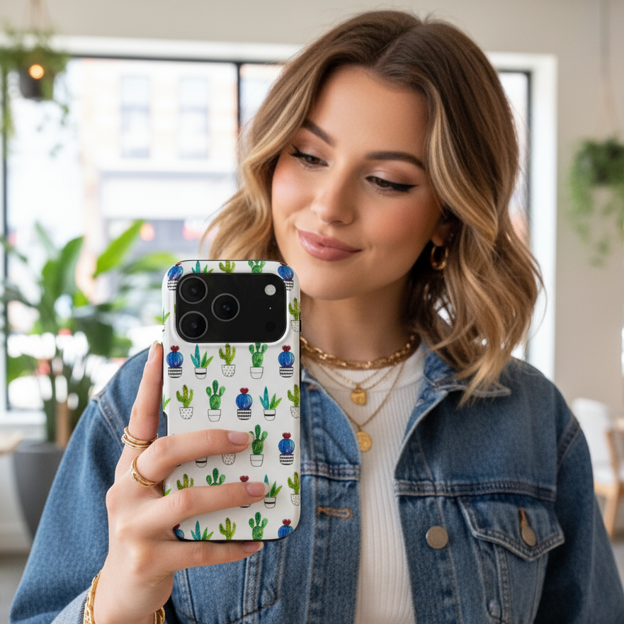 Woman holding a phone with the cactus phone case showing it in real life use