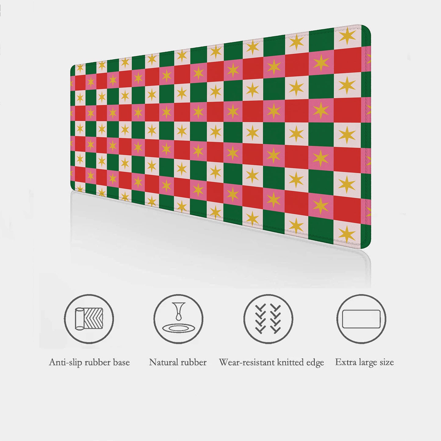 Checkered mat with green, red, and yellow pattern showing features like anti-slip base, smooth fabric and stitched edges