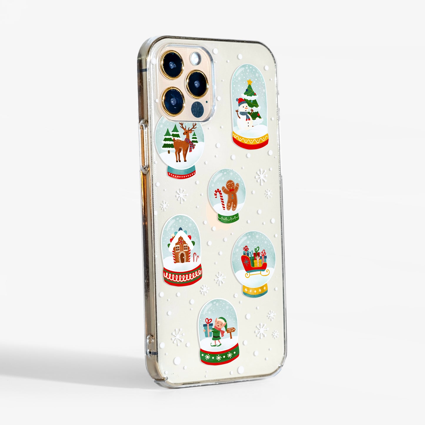 Side profile of Christmas Snow Globes phone case showing crystal-clear edges and slim fit.