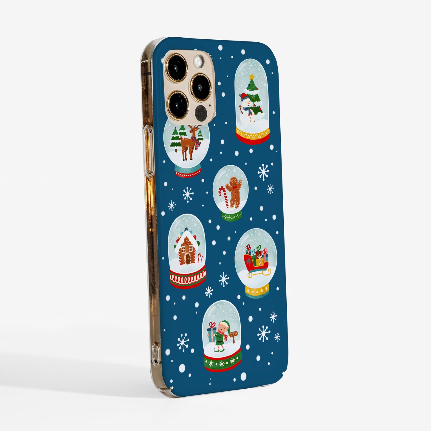 Side view of Christmas Snow Globes phone case highlighting sleek clear sides and Matte print finish.