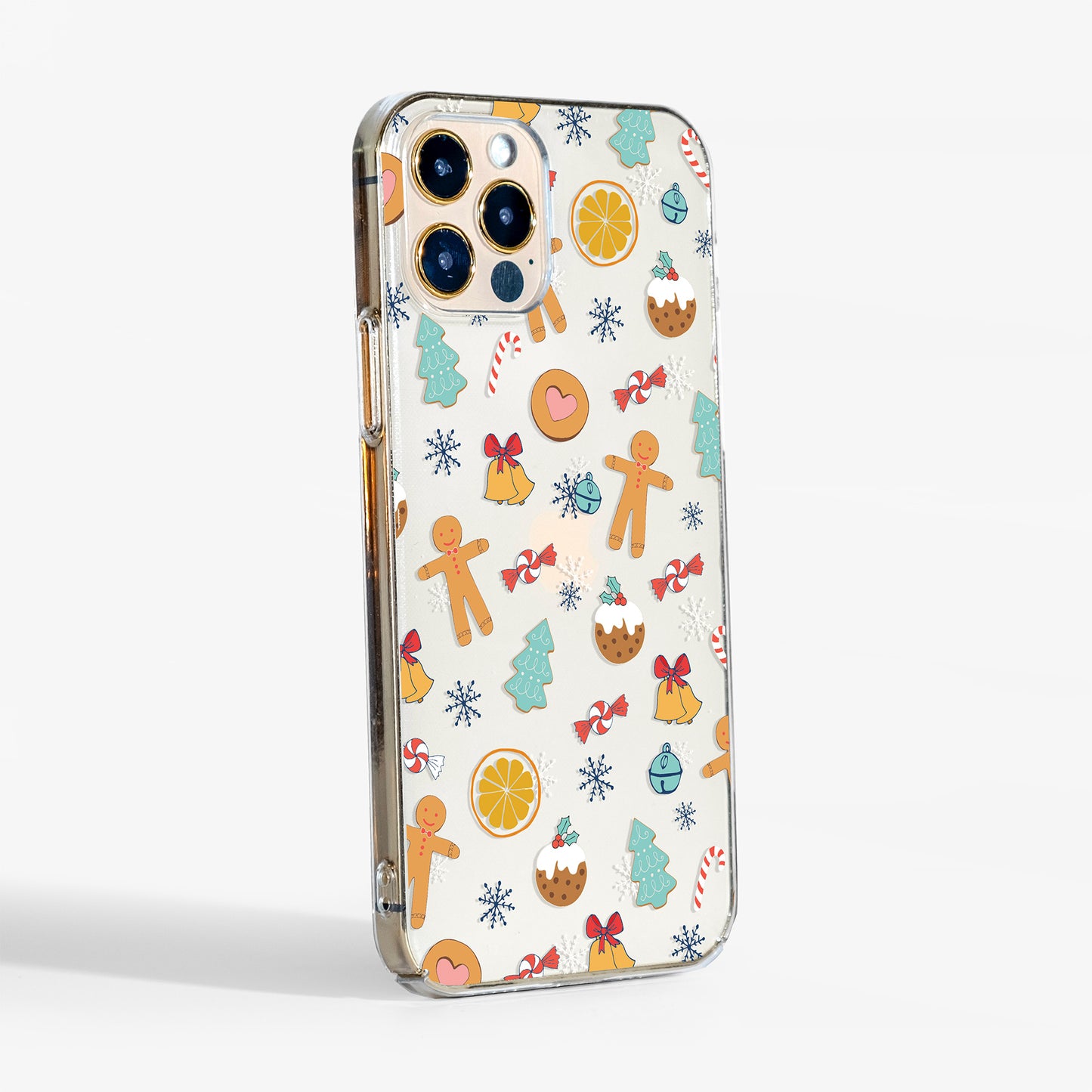 Side view of clear Christmas phone case showing slim fit, transparent sides, and festive design details.