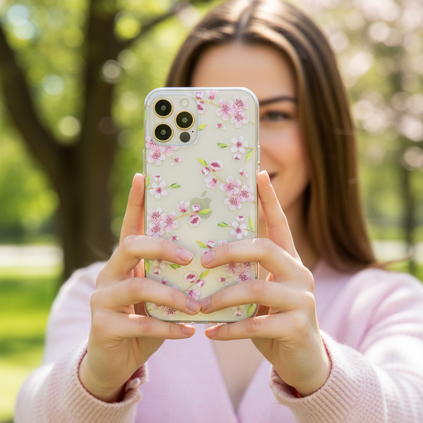 woman taking a selfie with a phone with floral cherry design.