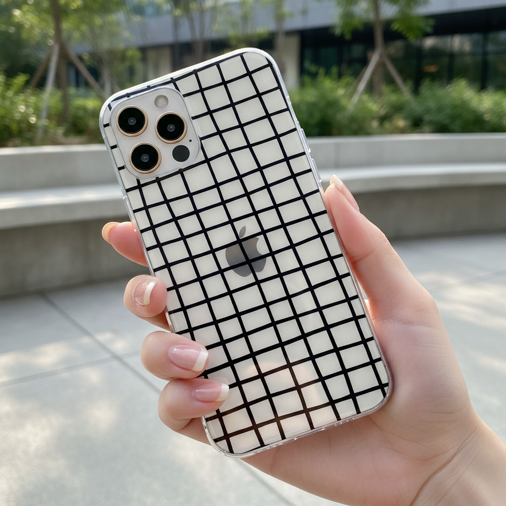 Clear Cross Stripe Phone Case held by a hand outdoors