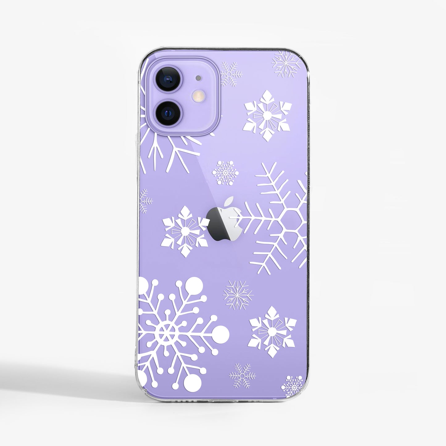 Clear Phone case with white snowflake pattern on a light purple iPhone 15