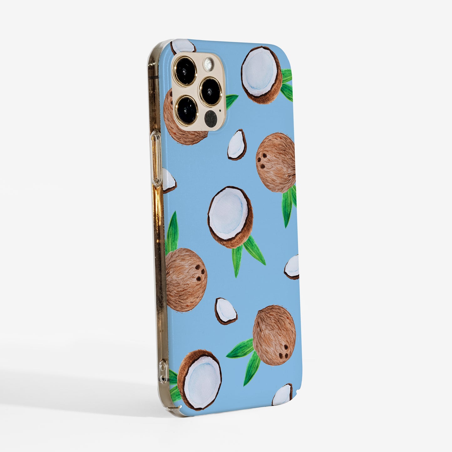 Side view of Coconut phone case showing smooth matte print finish and clear sides