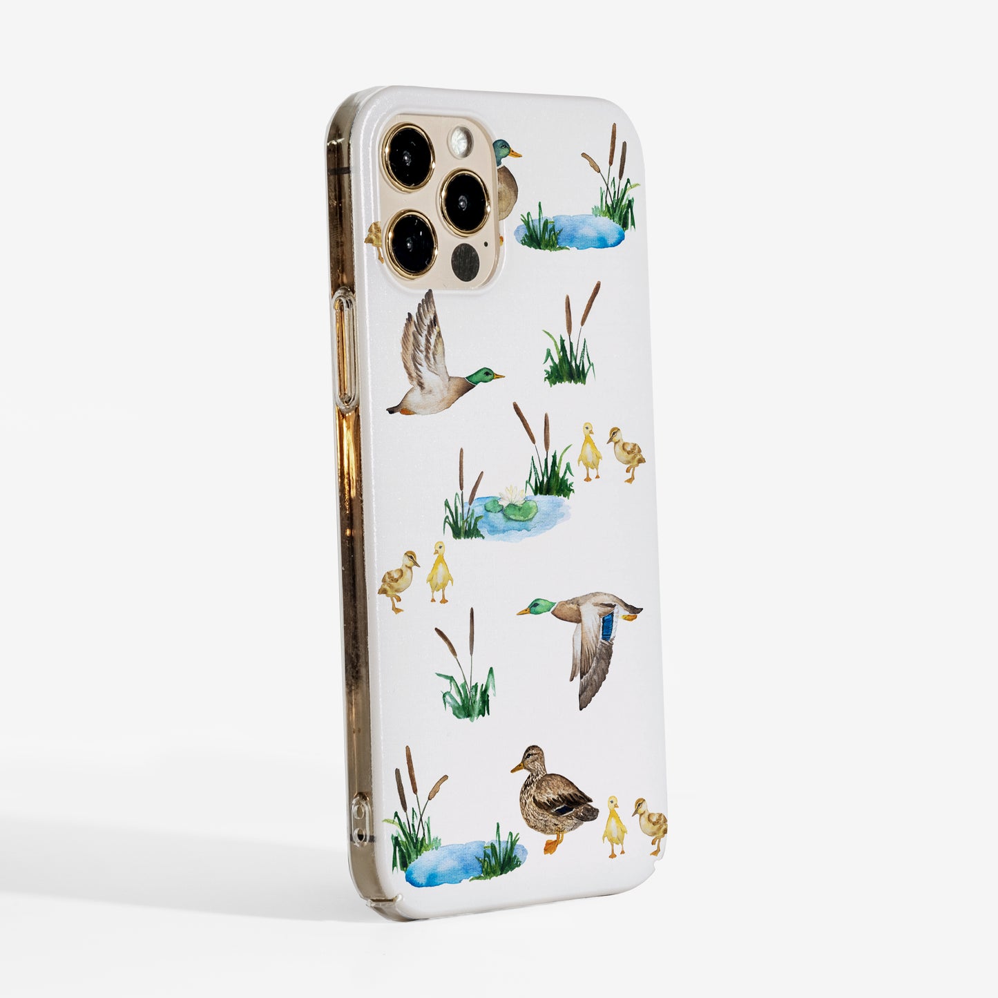 Side profile of Ducks phone case with matte texture and clear sides for minimalist design.