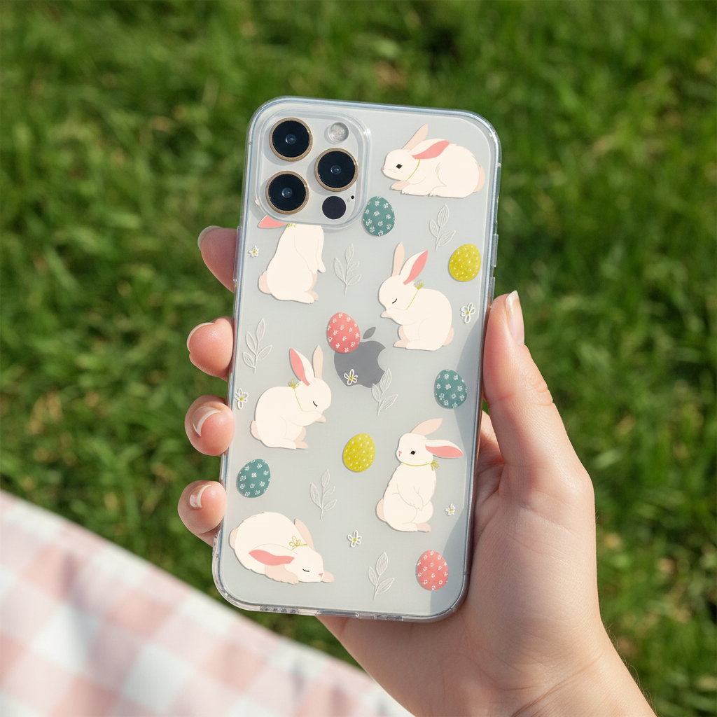 Easter Phone case featuring bunny illustration and easter eggs on a clear background shoqn in real life