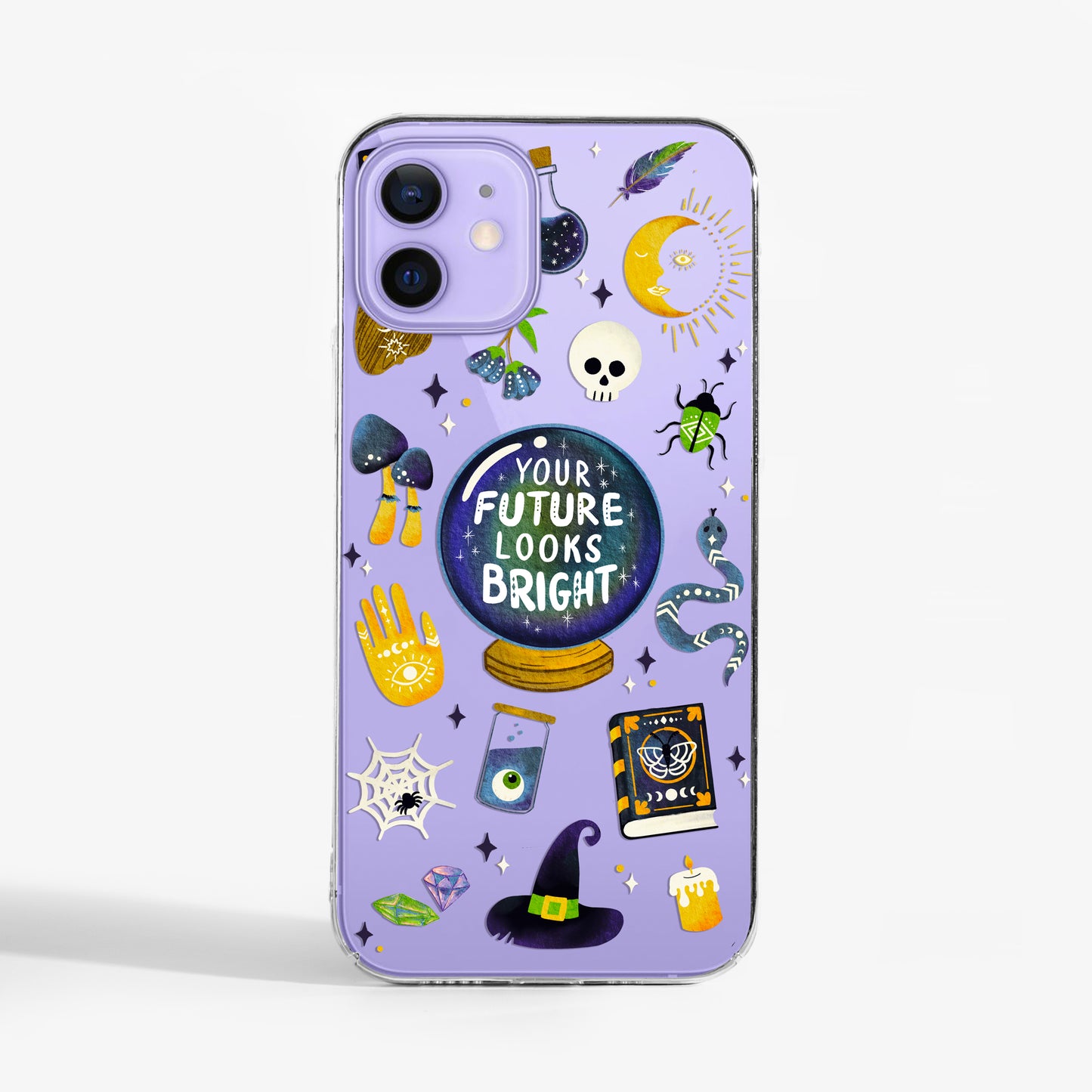 Clear Halloween phone case with mystical esoteric art symbols on a purple iPhone. A stylish, protective phone case for spooky-season lovers