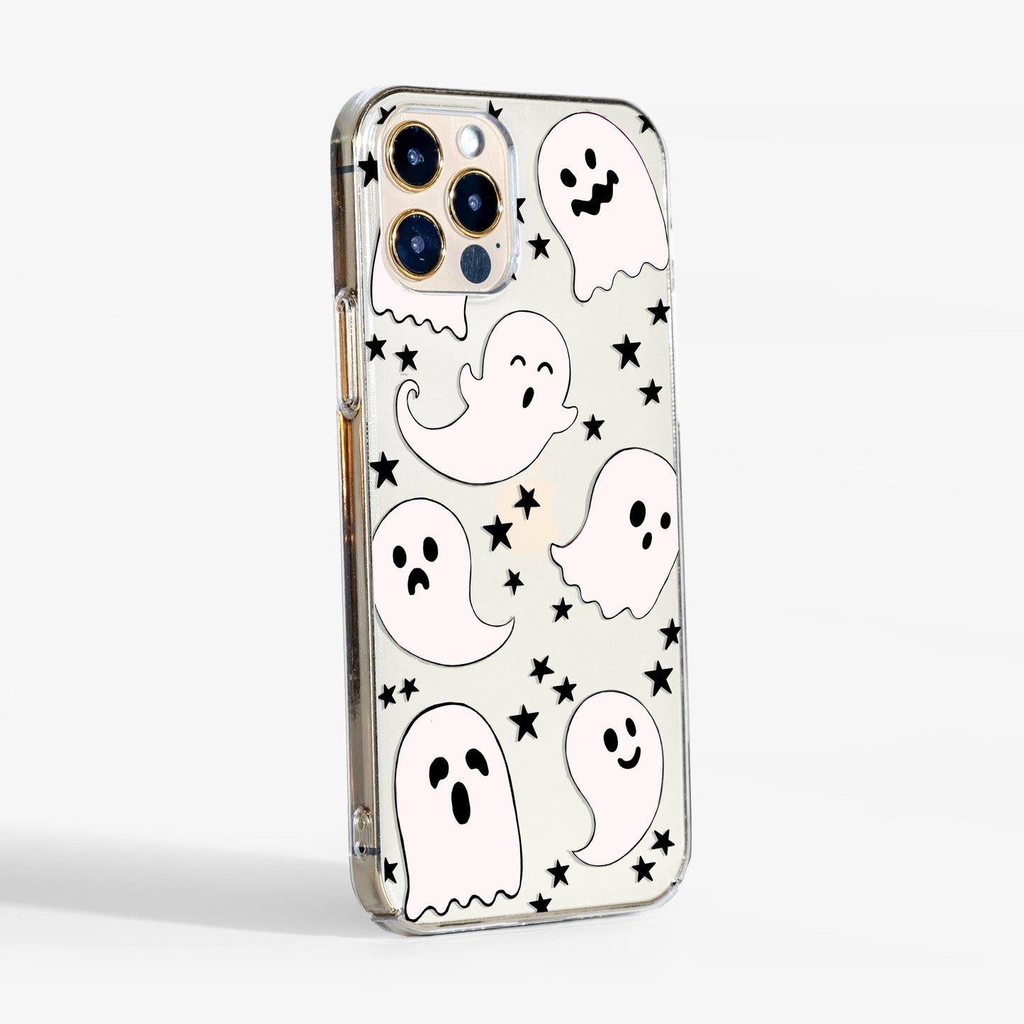 Side view of 'Halloween ghosts' clear phone case with transparent sides and durable slim design.