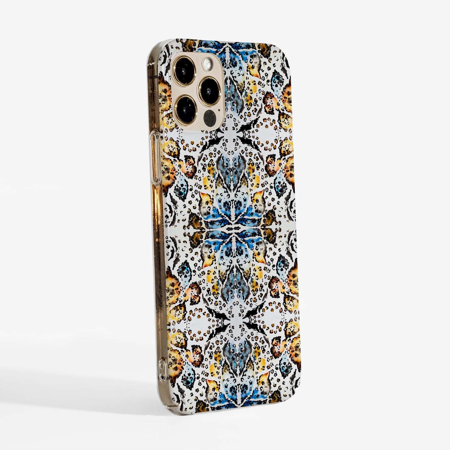 Side view showing kaleidoscope animal print phone case with matte finish and transparent edges