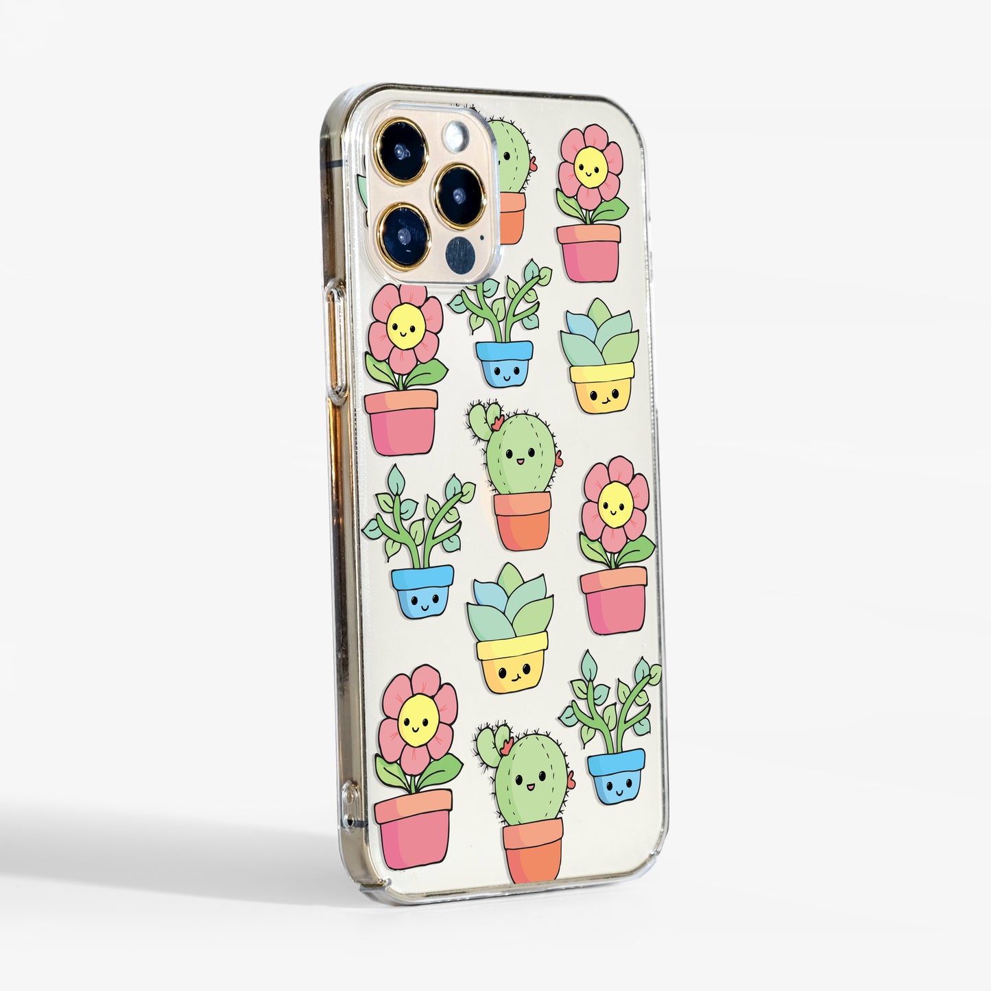 Side view showing kawaii plants clear phone case with transparent sides and durable slim profile.