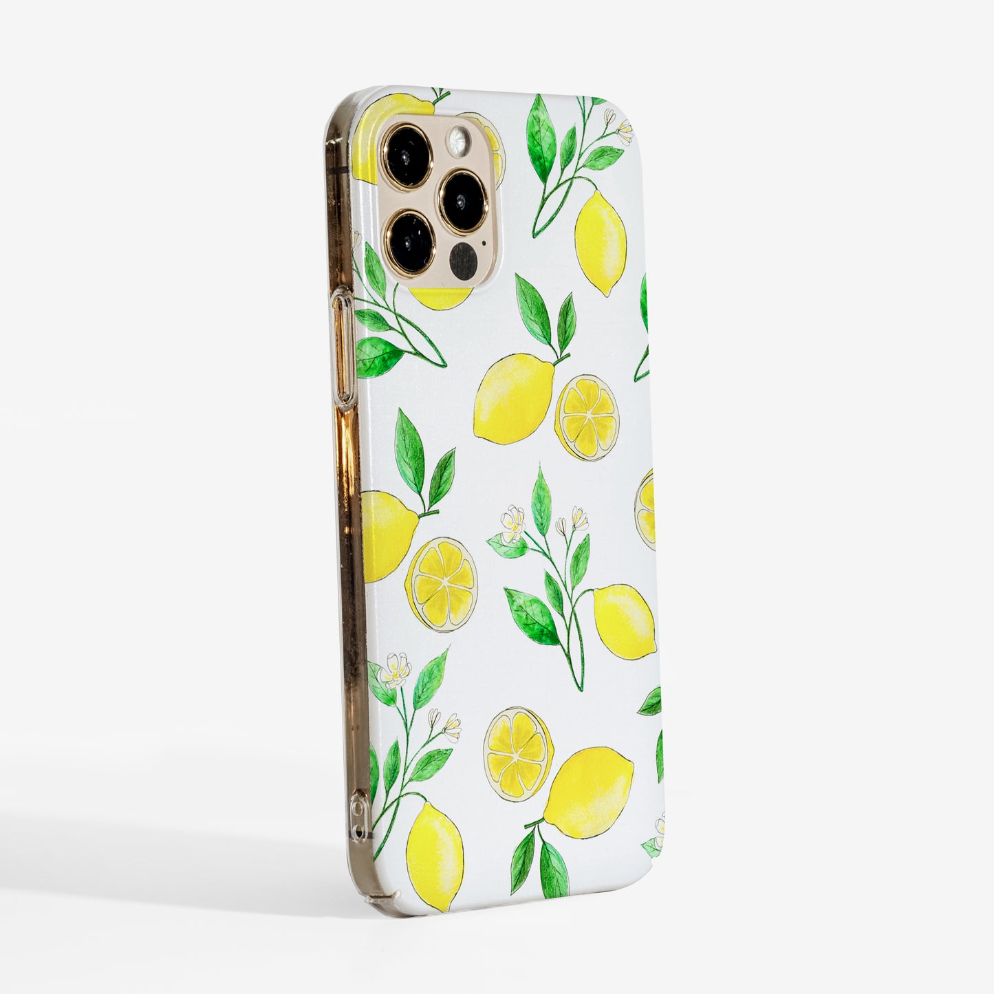 Side view of lemon phone case showing matte finish and slim case design with clear sides.