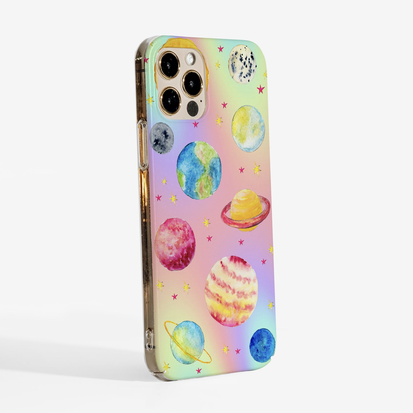 Side view of magical planets phone case with clear sides and slim durable design.