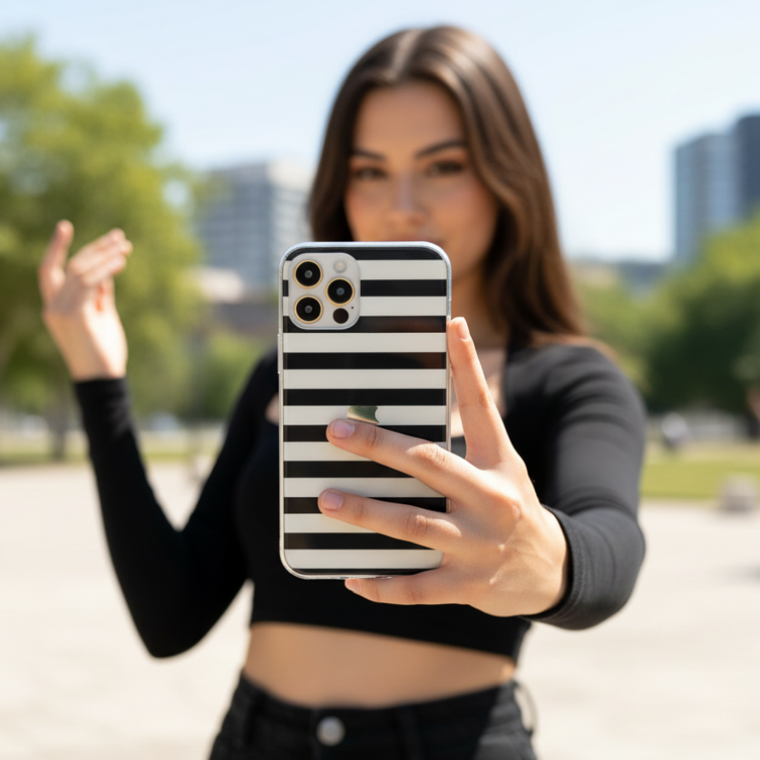 woman holding clear Black Stripe phone case showing everyday use