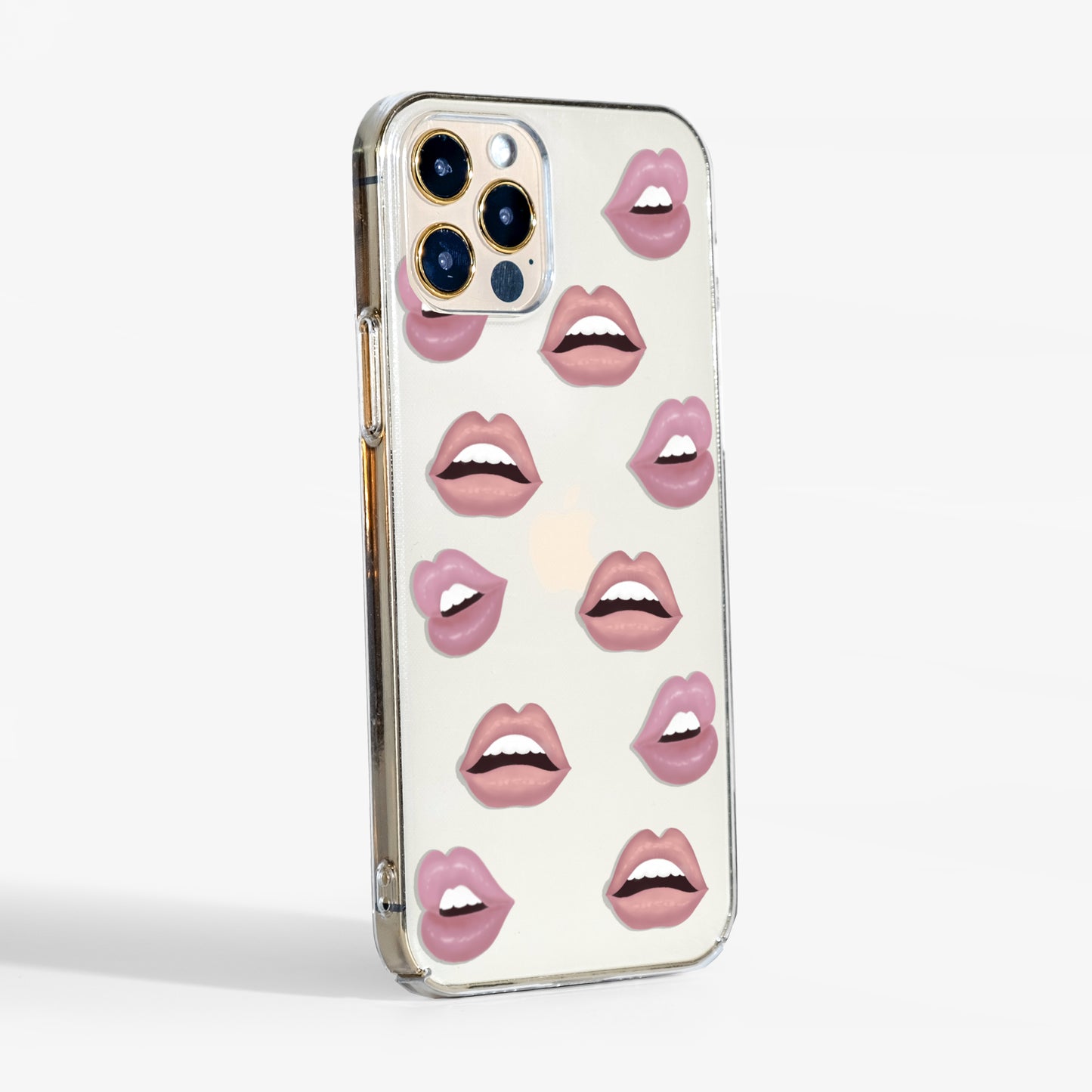 Side view showing the 'nude lips' phone case with clear sides and sleek, slim build