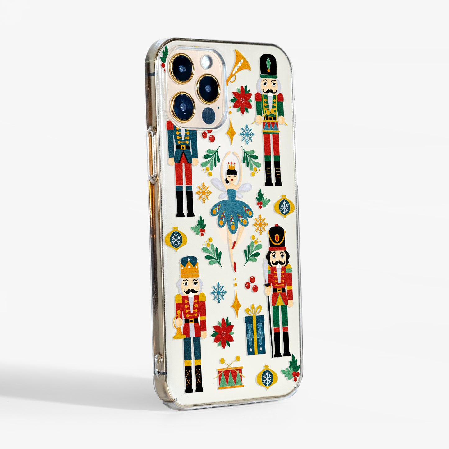 Side view of the Nutcracker Ballet clear phone case showing transparent edges and slim protective fit.