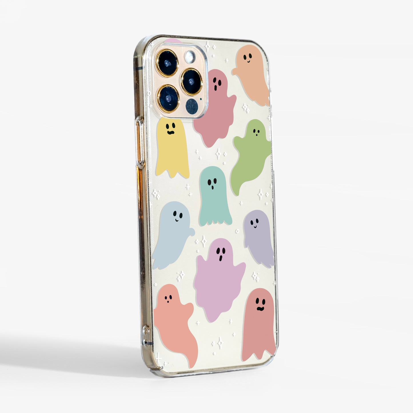 Side view showing rainbow ghosts clear phone case with transparent sides and slim, sturdy fit.
