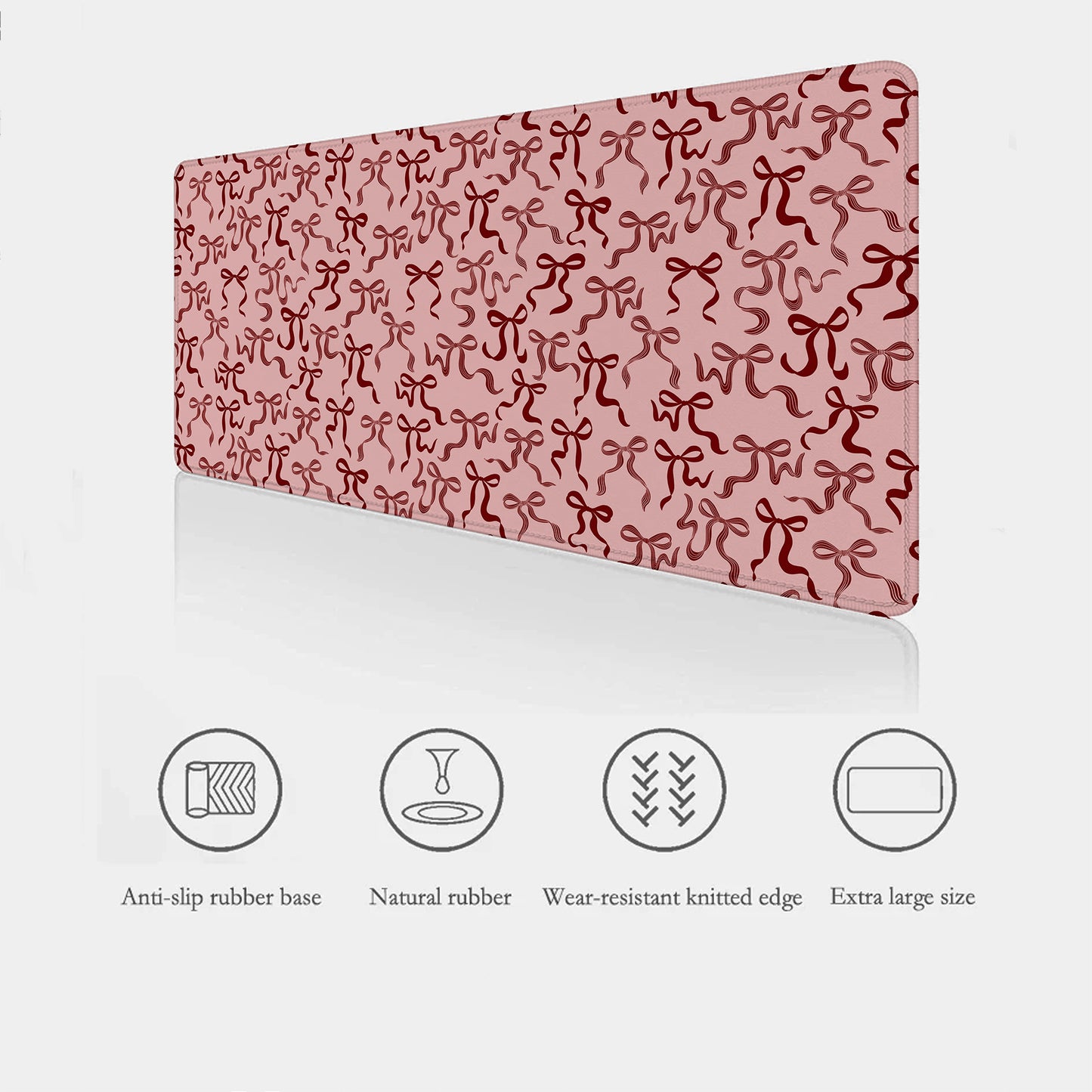 Pink Ribbon Bows Desk Mat showing features like smooth fabric texture, stitched edges and non-slip base.