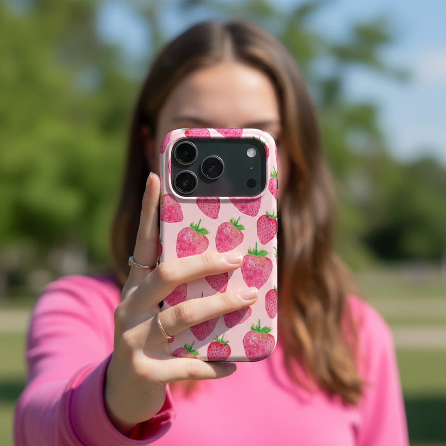 woman taking a selfie shwoing Strawberry Tough Phone Case in everyday use