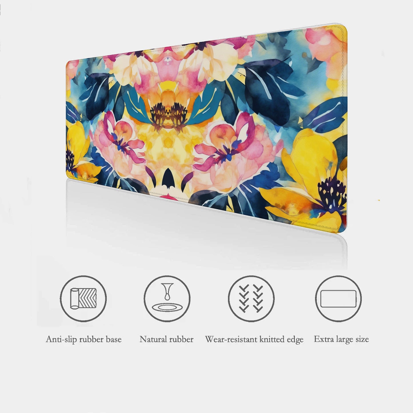 Floral-patterned mouse pad with product features listed below on a white background