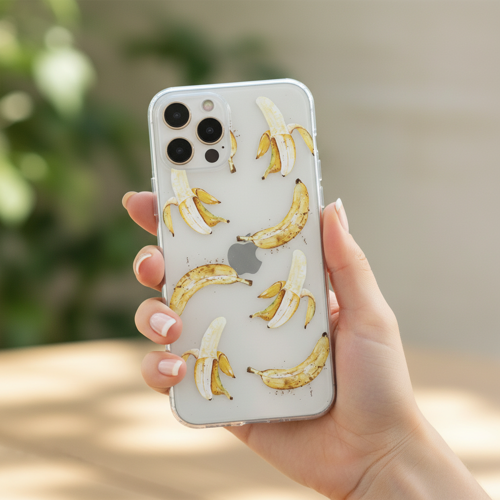 clear Phone case with banana pattern held by a hand against a blurred natural background showing it in real life