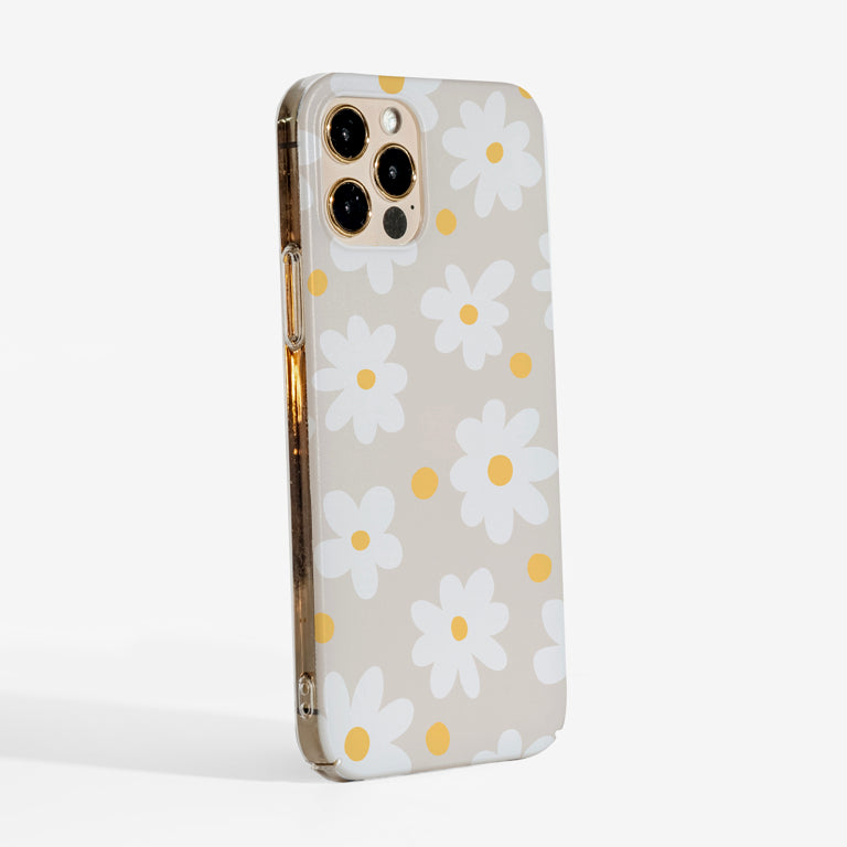 Side view of a slim, hard floral phone case with transparent edges and scratch-resistant print — sleek, protective, and made to last