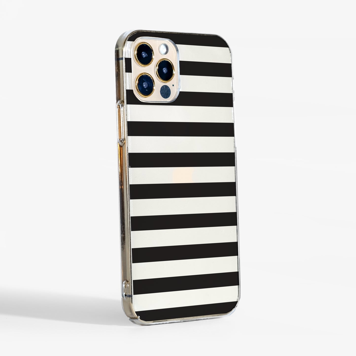 Side view of clear black-striped phone case — slim, non-yellowing cover with transparent sides and durable, lightweight feel