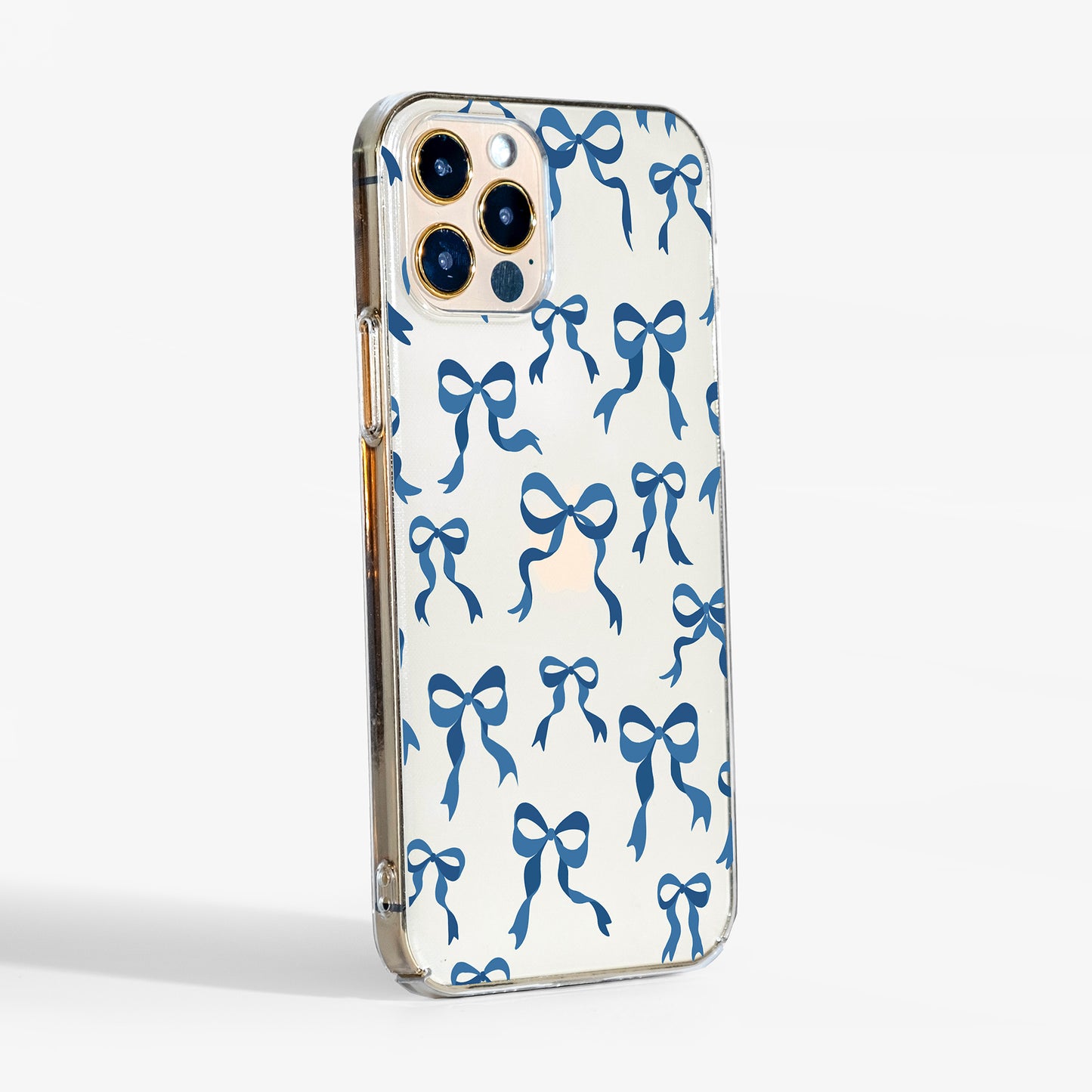 Side view showing transparent sides and slim build of the blue ribbon bows clear phone case.