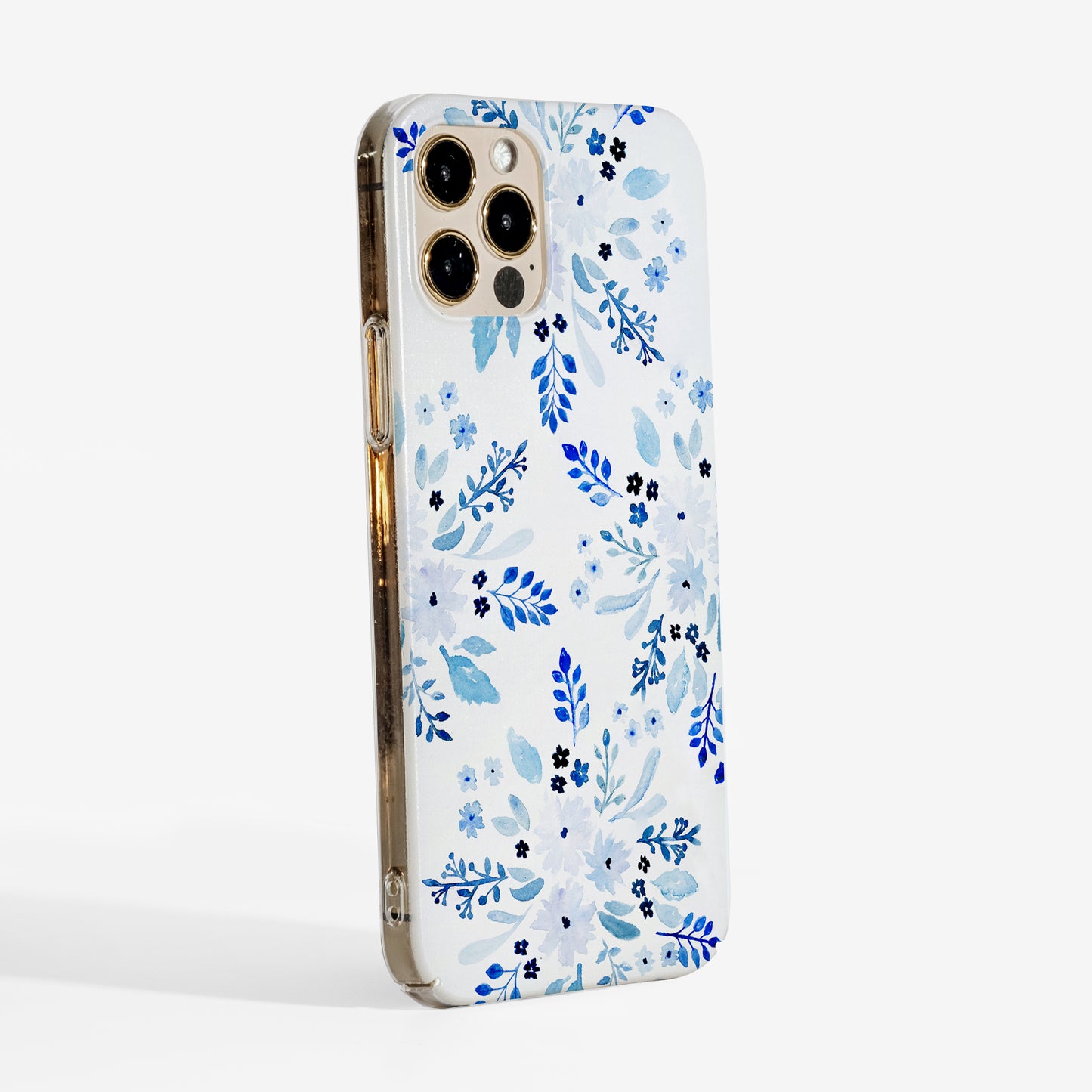 Side angle showing smooth matte texture, clear sides for minimal look and slim fit of the blue floral phone case