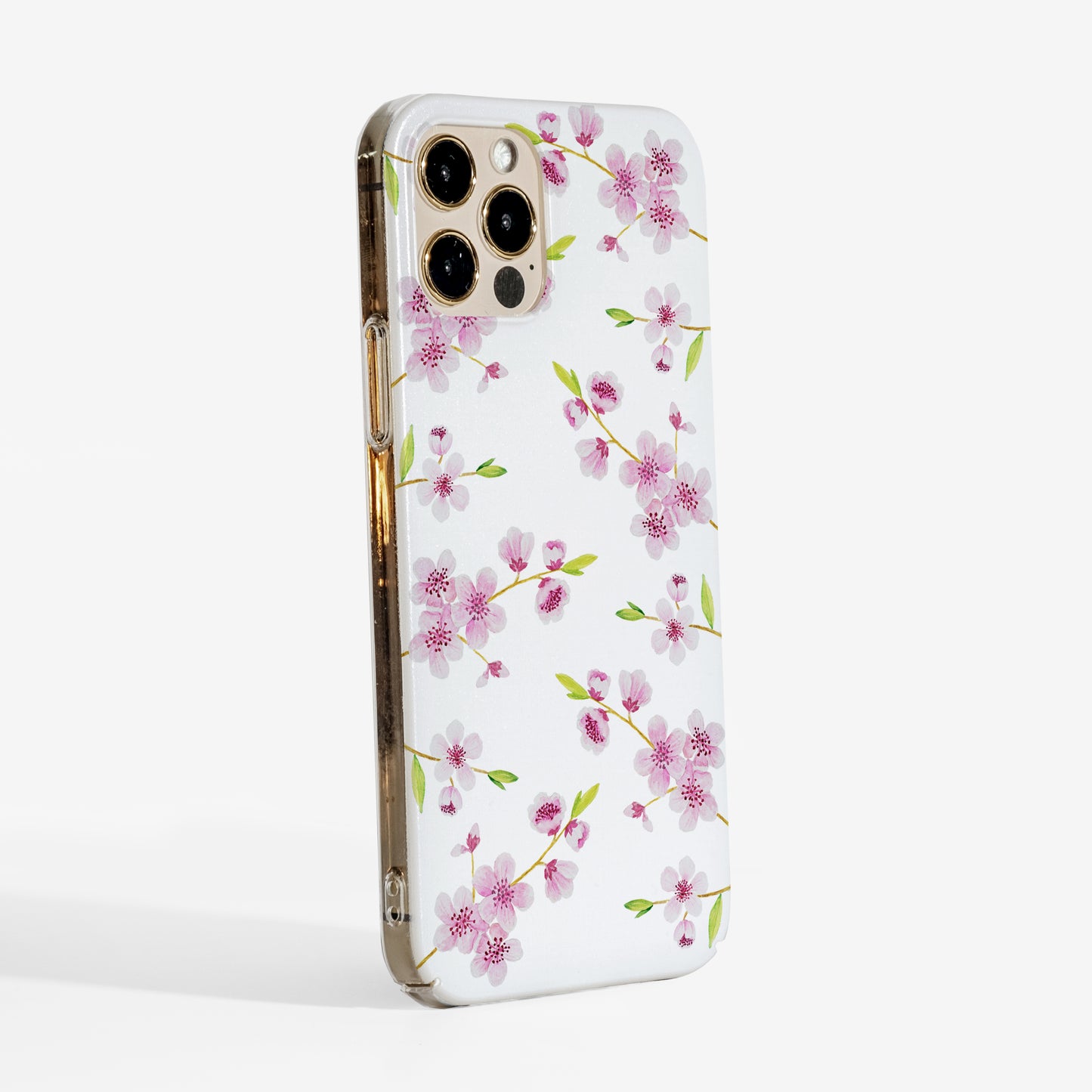 Side view showing smooth matte texture and slim design of the cherry blossoms phone case with clear sides.