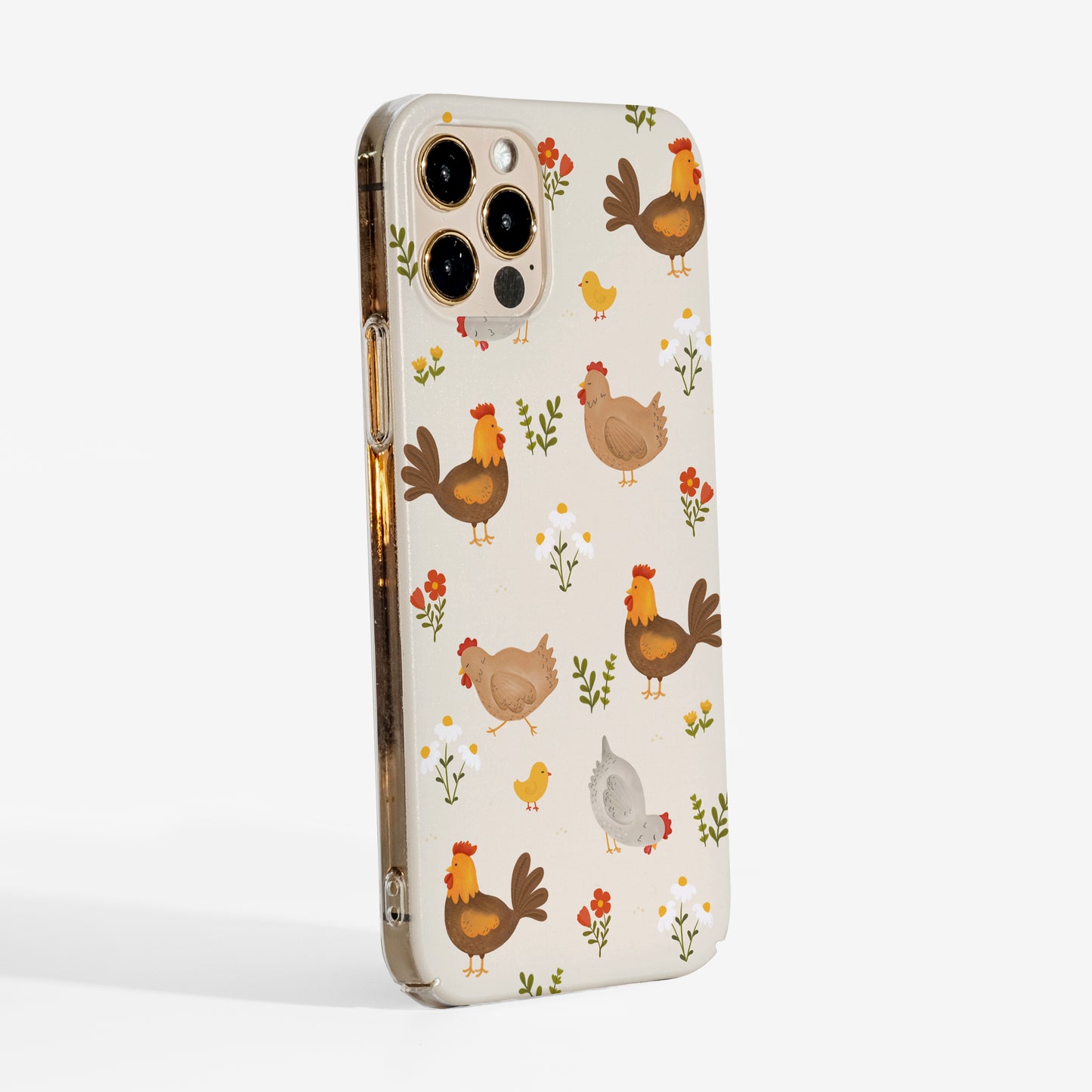 Side profile showing smooth texture and clear edge detail of the chickens phone case