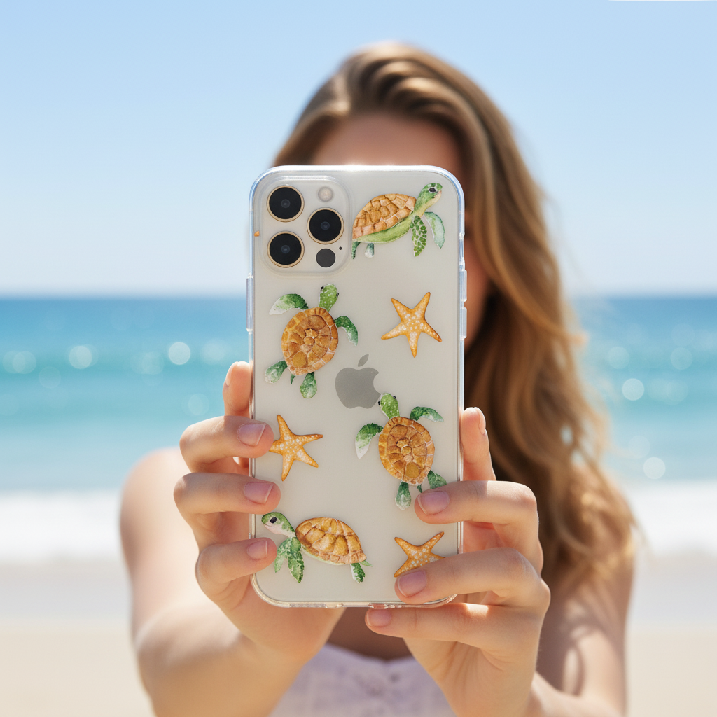 Woman taking selfie with clear sea turtle phone case ocean aesthetic