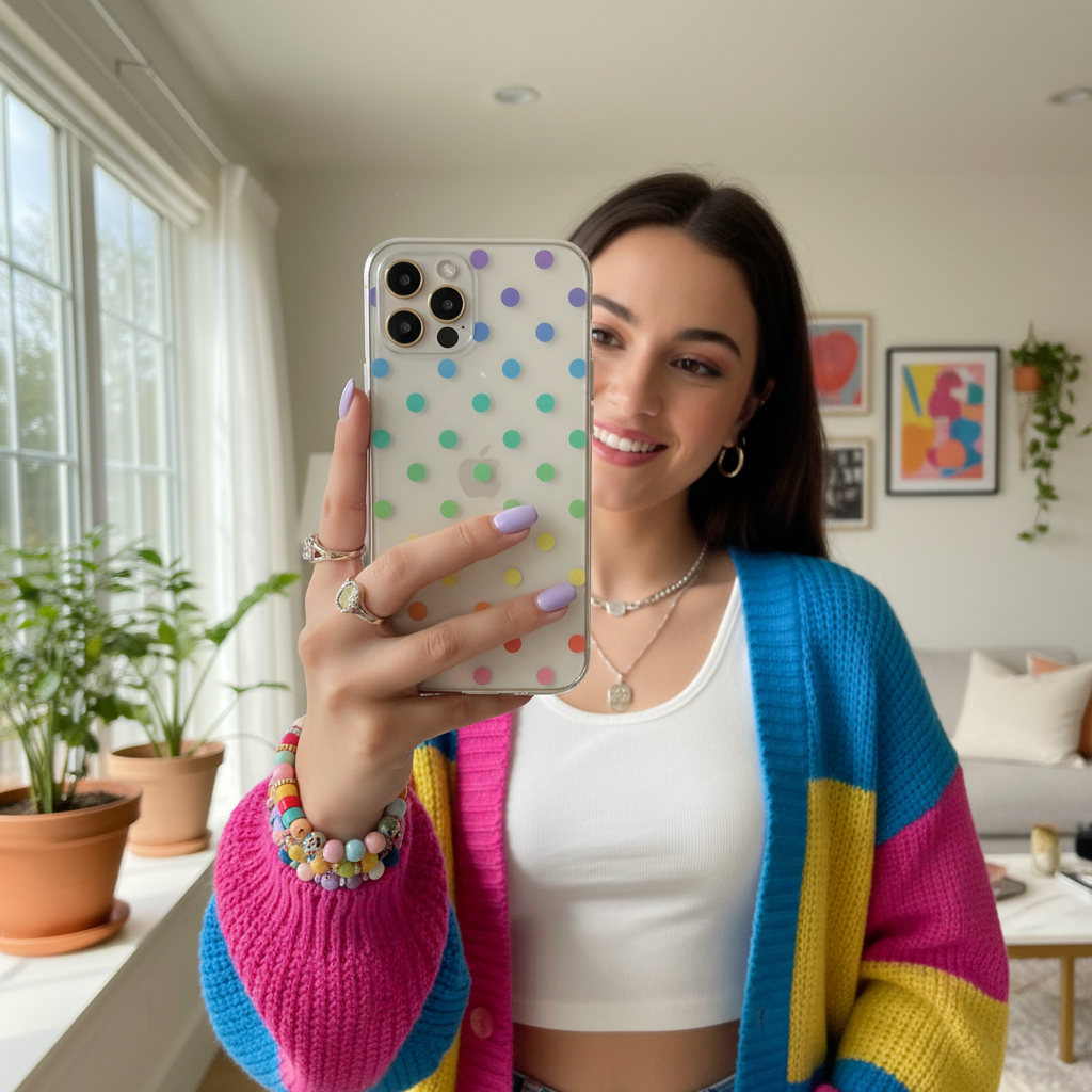 Woman taking selfie with clear colourful polka dot phone case playful aesthetic