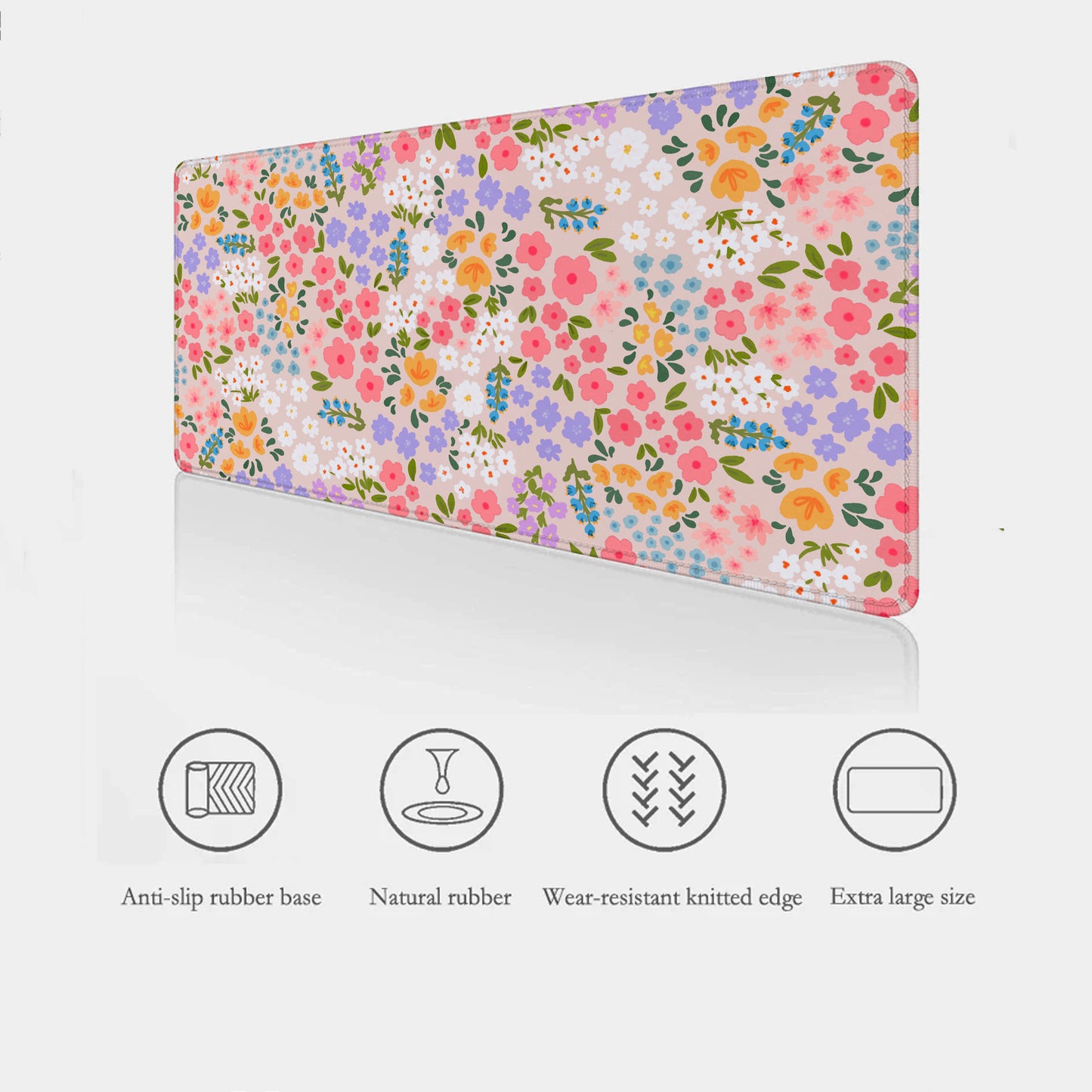 Summer floral patterned desk mat with product features listed below on a white background