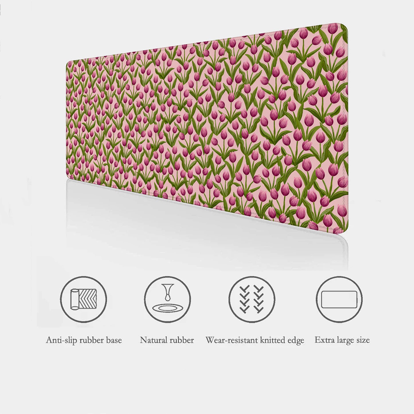 Side view of the extra large tulips desk mat showing key features such as anti-slip base, made from natural rubber, water resistance and smooth seurface