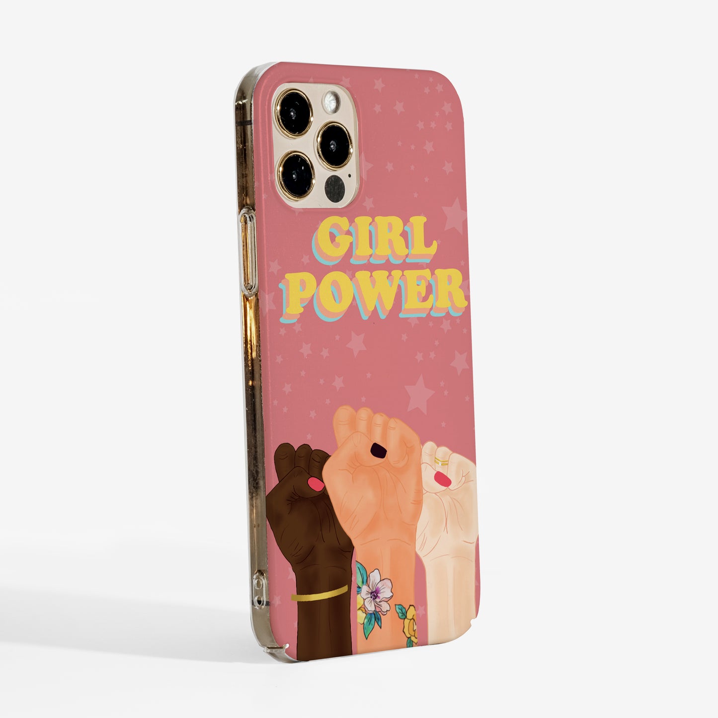 Phone case with 'Girl Power' text and three women of different skin tones holding hands on a pink background showing clear sides.