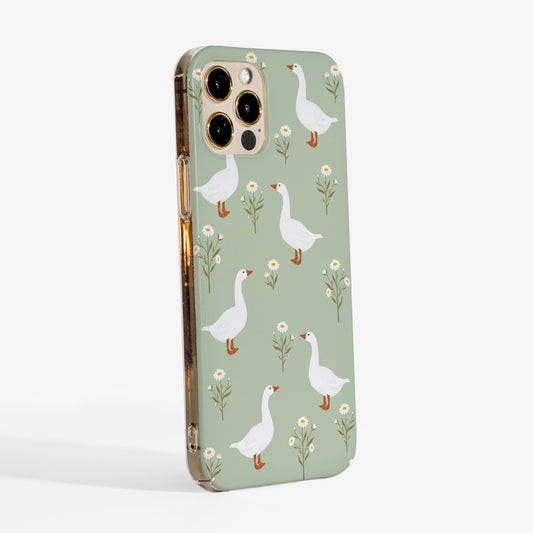 Phone case with goose and flower pattern on a light green background and clear sides -lightweight protection that keeps your phone safe without adding bulk