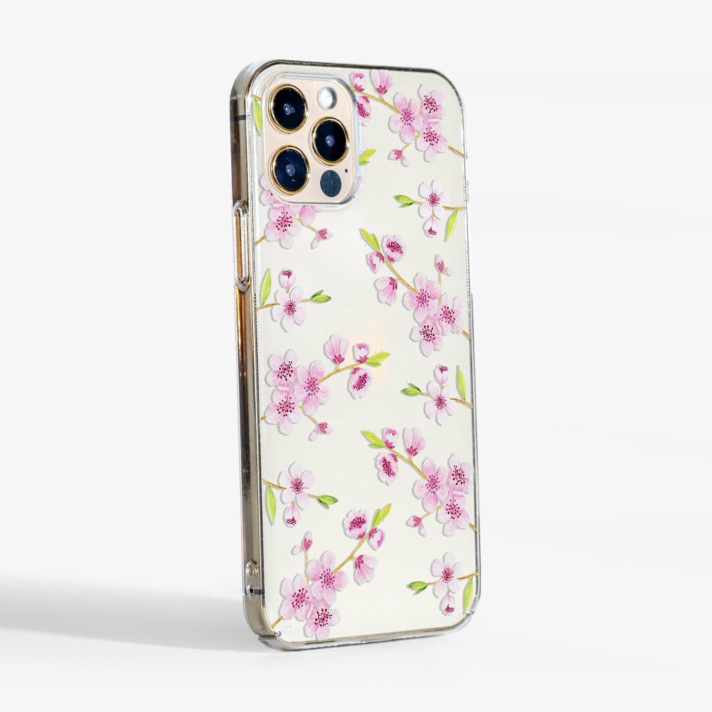 Side view showing slim fit of the cherry blossoms clear phone case with transparent sides for a more leegant look.